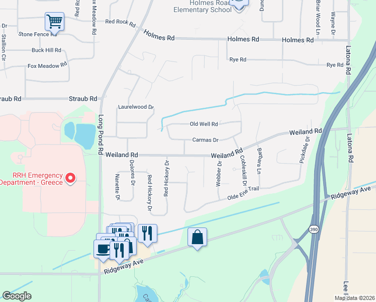 map of restaurants, bars, coffee shops, grocery stores, and more near 1161 Weiland Road in Rochester