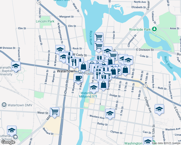 map of restaurants, bars, coffee shops, grocery stores, and more near 101 West Main Street in Watertown