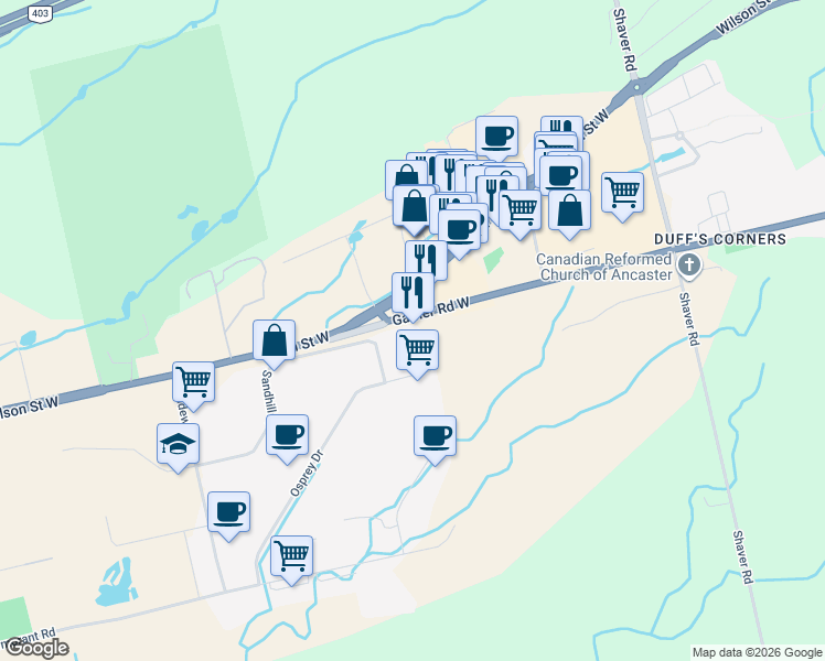 map of restaurants, bars, coffee shops, grocery stores, and more near 1242 Garner Road West in Hamilton