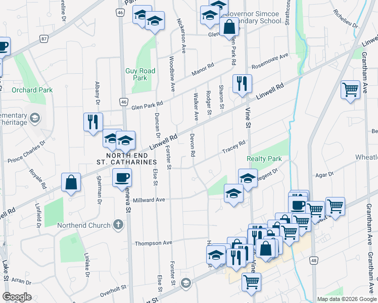 map of restaurants, bars, coffee shops, grocery stores, and more near in St. Catharines