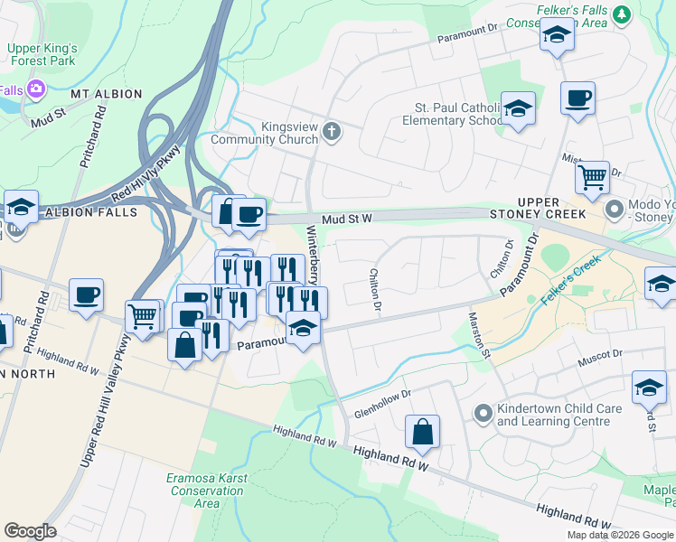map of restaurants, bars, coffee shops, grocery stores, and more near 19 Hopewell Crescent in Hamilton