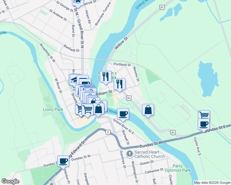 map of restaurants, bars, coffee shops, grocery stores, and more near 7 Elm Street in Brant