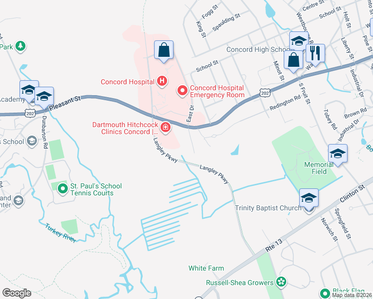 map of restaurants, bars, coffee shops, grocery stores, and more near 243 Pleasant Street in Concord