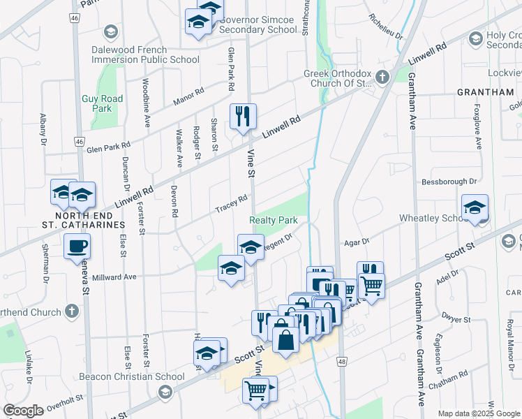 map of restaurants, bars, coffee shops, grocery stores, and more near 4 Silverdale Drive in St. Catharines