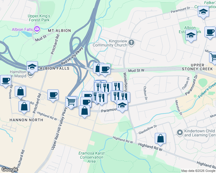 map of restaurants, bars, coffee shops, grocery stores, and more near 196 Upper Mount Albion Road in Hamilton