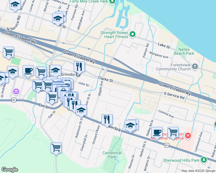 map of restaurants, bars, coffee shops, grocery stores, and more near 42 Maple Avenue in Grimsby