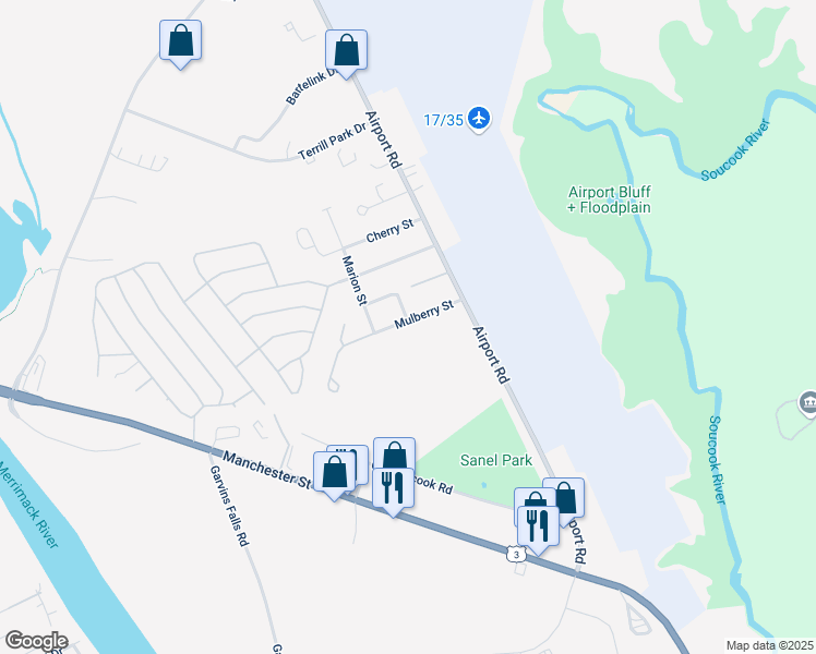 map of restaurants, bars, coffee shops, grocery stores, and more near 65 Mulberry Street in Concord