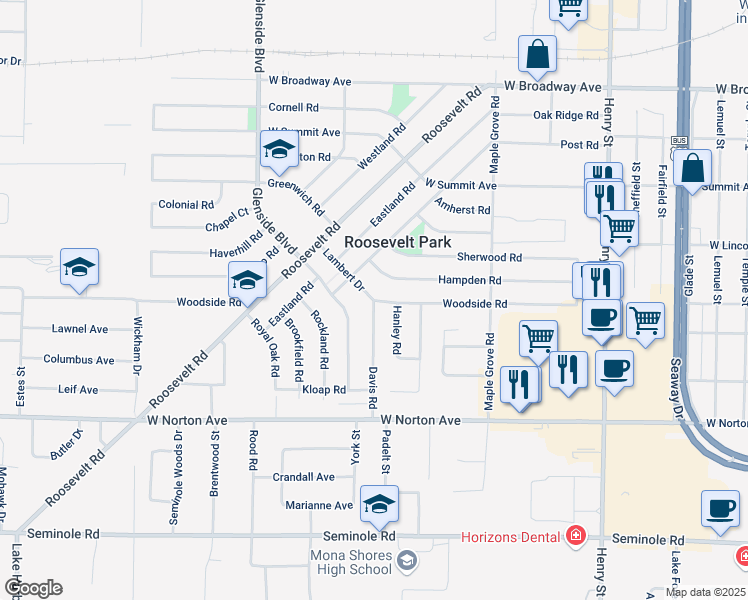 map of restaurants, bars, coffee shops, grocery stores, and more near 1190 Woodside Road in Muskegon