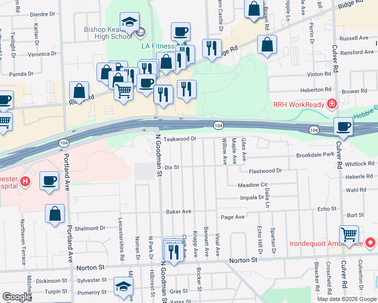 map of restaurants, bars, coffee shops, grocery stores, and more near 301 Knapp Avenue in Irondequoit