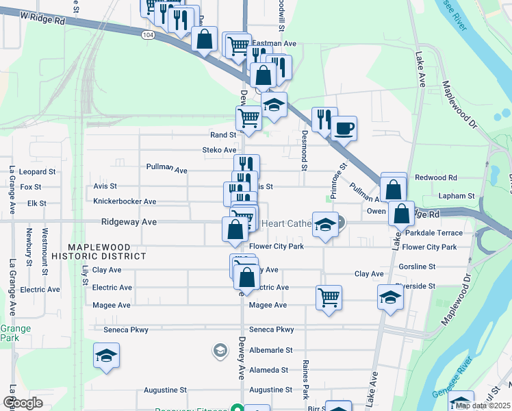 map of restaurants, bars, coffee shops, grocery stores, and more near in Rochester