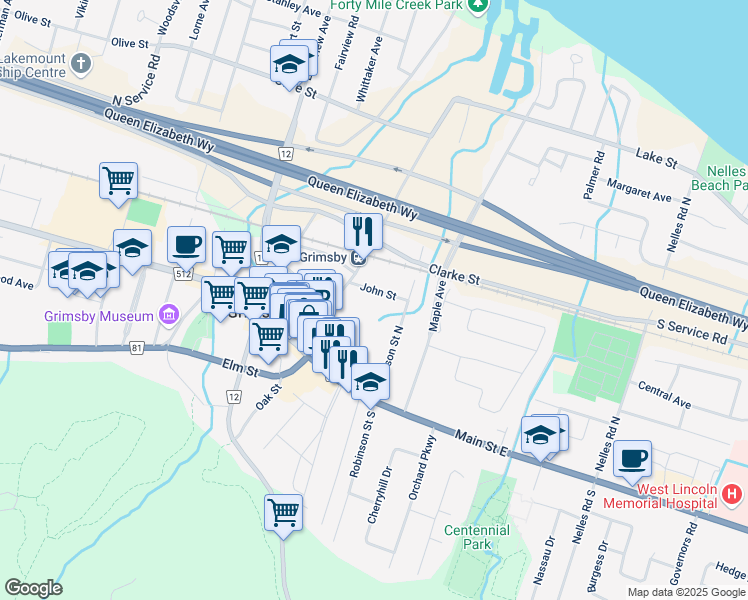 map of restaurants, bars, coffee shops, grocery stores, and more near 20 John Street in Grimsby