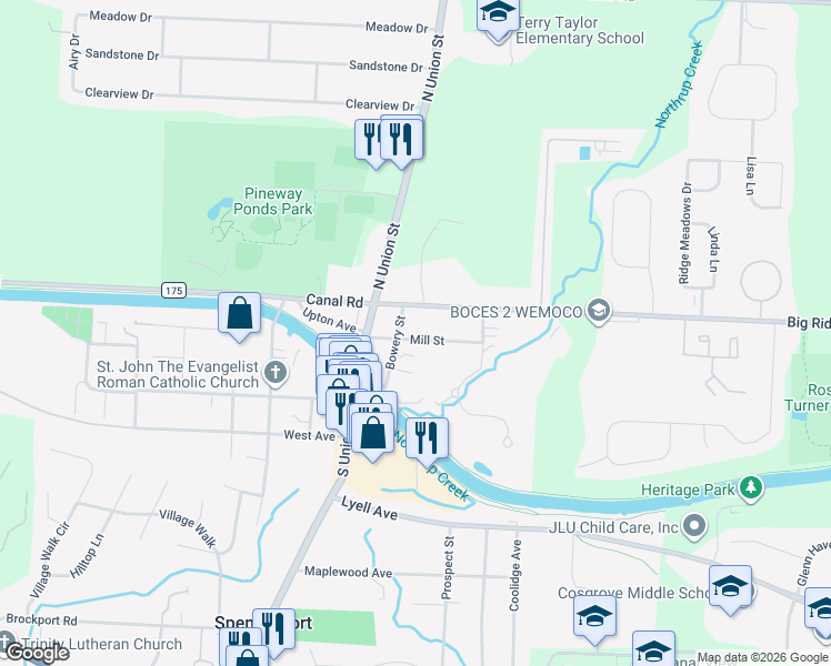 map of restaurants, bars, coffee shops, grocery stores, and more near 45 Mill Street in Spencerport