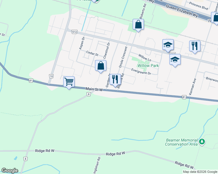 map of restaurants, bars, coffee shops, grocery stores, and more near 2 Garden Drive in Grimsby