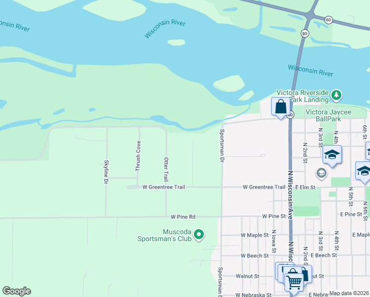 map of restaurants, bars, coffee shops, grocery stores, and more near 19010 Otter Trail in Muscoda