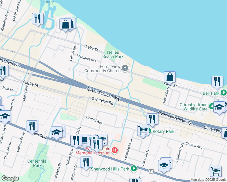 map of restaurants, bars, coffee shops, grocery stores, and more near 79 Sumner Crescent in Grimsby