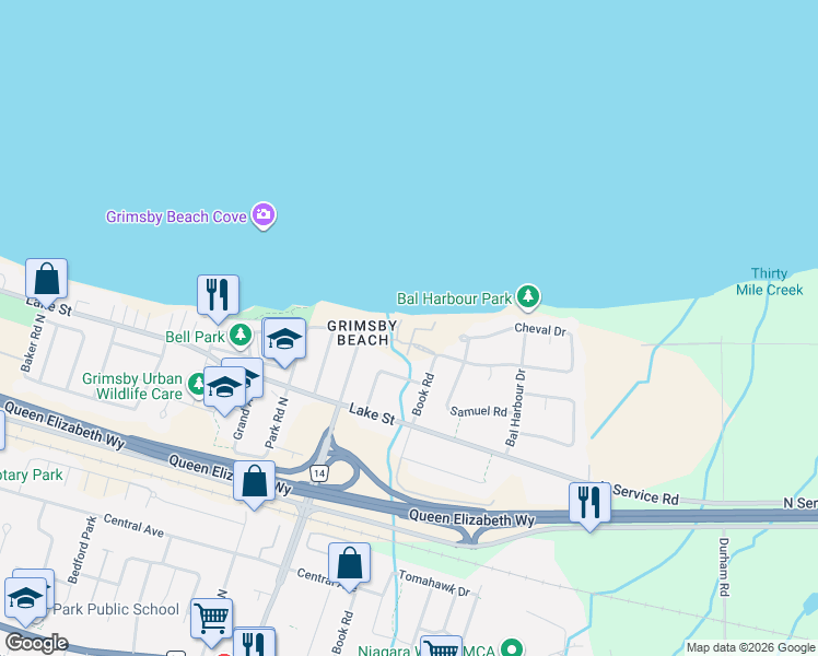 map of restaurants, bars, coffee shops, grocery stores, and more near 373 Book Road in Grimsby