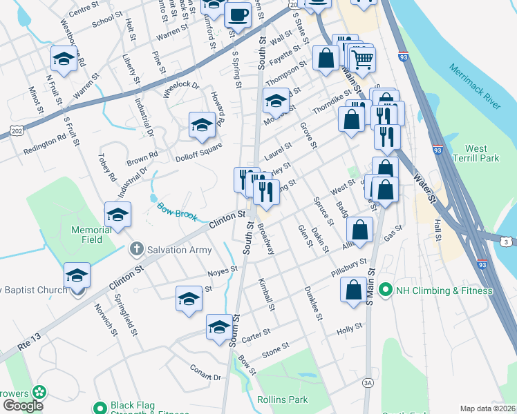 map of restaurants, bars, coffee shops, grocery stores, and more near 81 Concord St in Concord