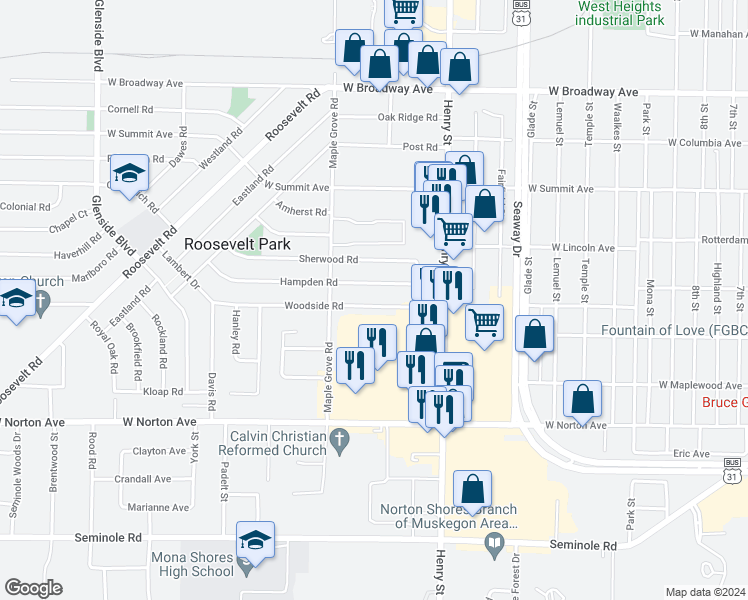 map of restaurants, bars, coffee shops, grocery stores, and more near 926 Woodside Road in Muskegon