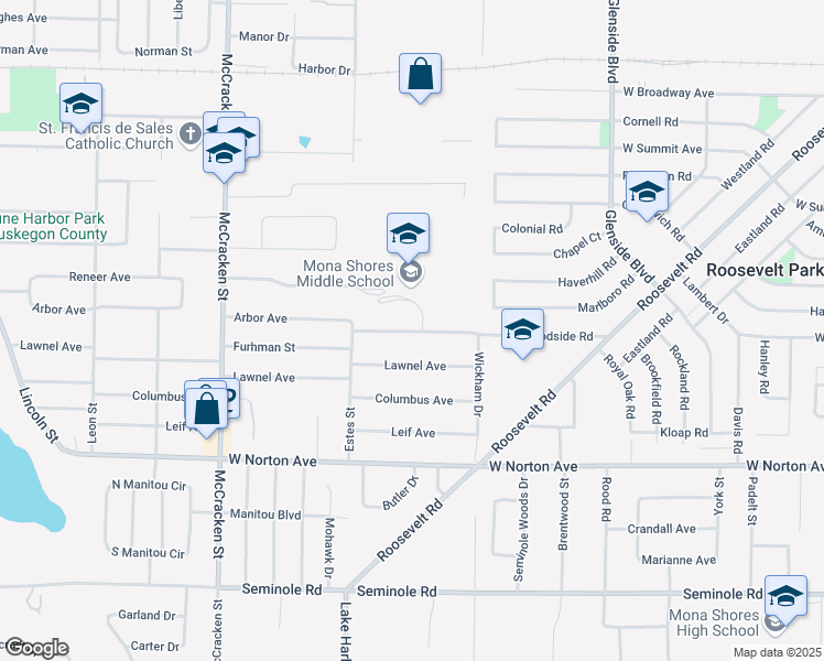 map of restaurants, bars, coffee shops, grocery stores, and more near 1700 Woodside Road in Norton Shores