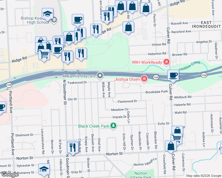 map of restaurants, bars, coffee shops, grocery stores, and more near 159 Giles Avenue in Rochester