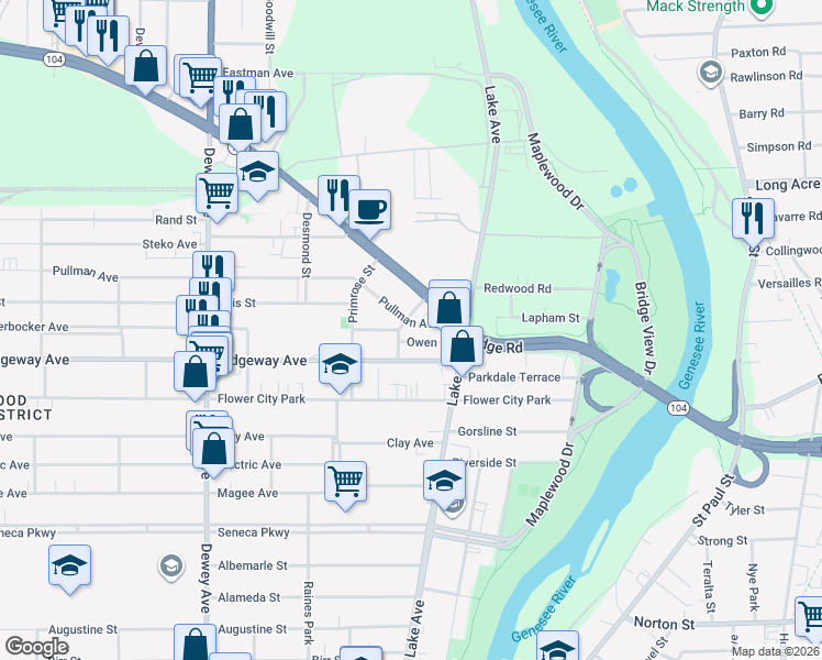 map of restaurants, bars, coffee shops, grocery stores, and more near 64 Ridgeway Avenue in Rochester