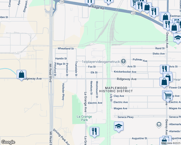 map of restaurants, bars, coffee shops, grocery stores, and more near 812 Ridgeway Avenue in Rochester