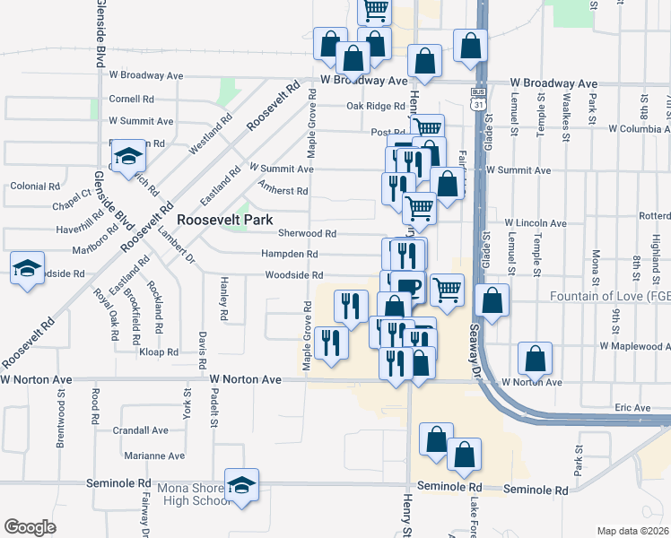 map of restaurants, bars, coffee shops, grocery stores, and more near 926 Woodside Road in Muskegon