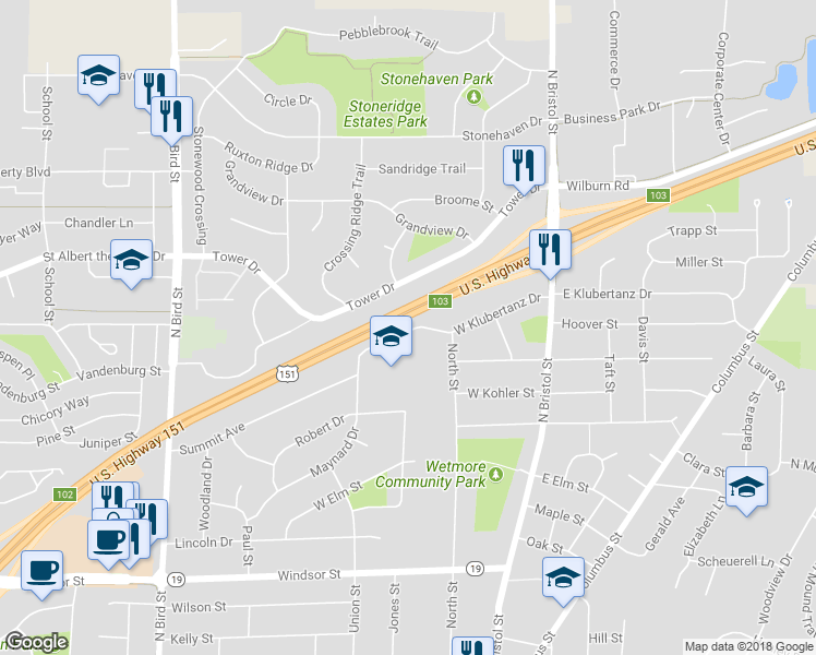 map of restaurants, bars, coffee shops, grocery stores, and more near 128 West Klubertanz Drive in Sun Prairie