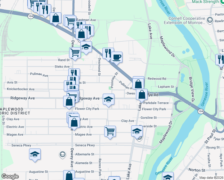 map of restaurants, bars, coffee shops, grocery stores, and more near Primrose St & Bardin St in Rochester