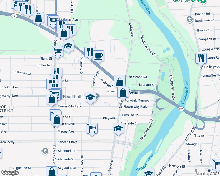map of restaurants, bars, coffee shops, grocery stores, and more near 41 Pullman Avenue in Rochester