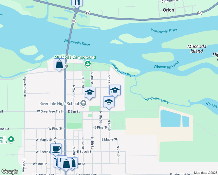 map of restaurants, bars, coffee shops, grocery stores, and more near 800 6th Street in Muscoda