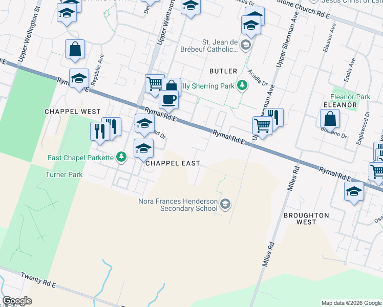 map of restaurants, bars, coffee shops, grocery stores, and more near 12 Wagner Drive in Hamilton