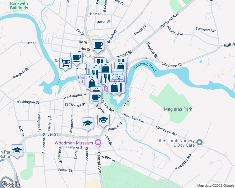 map of restaurants, bars, coffee shops, grocery stores, and more near 1 Main Street in Dover