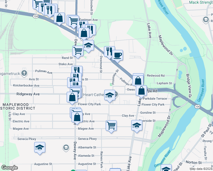 map of restaurants, bars, coffee shops, grocery stores, and more near 180 Ridgeway Avenue in Rochester