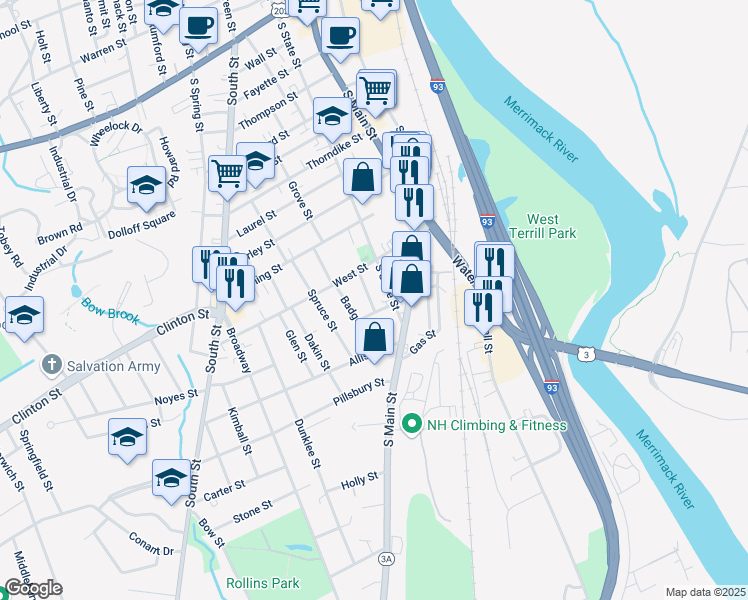 map of restaurants, bars, coffee shops, grocery stores, and more near 29-31 West Street in Concord