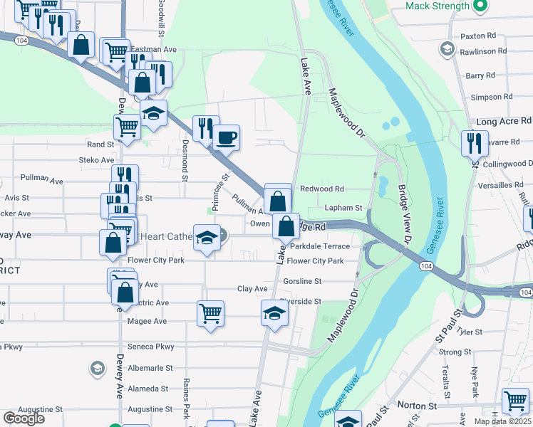 map of restaurants, bars, coffee shops, grocery stores, and more near 114-132 West Ridge Road in Rochester