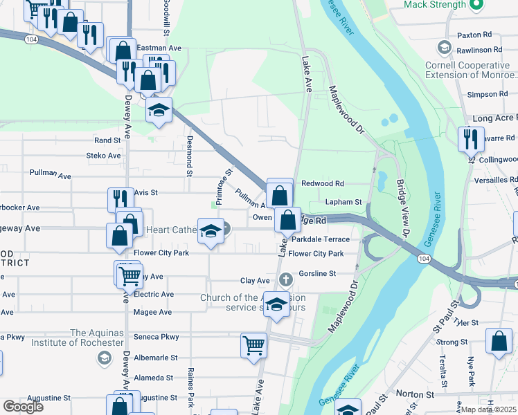map of restaurants, bars, coffee shops, grocery stores, and more near 135 West Ridge Road in Rochester