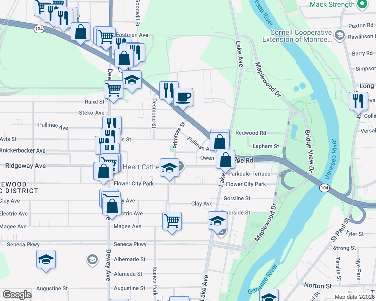 map of restaurants, bars, coffee shops, grocery stores, and more near 95 Pullman Avenue in Rochester