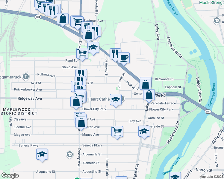map of restaurants, bars, coffee shops, grocery stores, and more near 20 Avis Street in Rochester