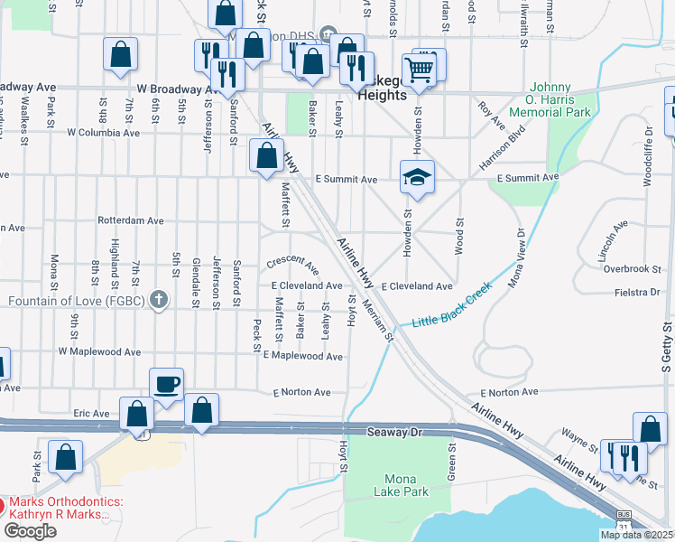 map of restaurants, bars, coffee shops, grocery stores, and more near 3125 Merriam Street in Muskegon Heights