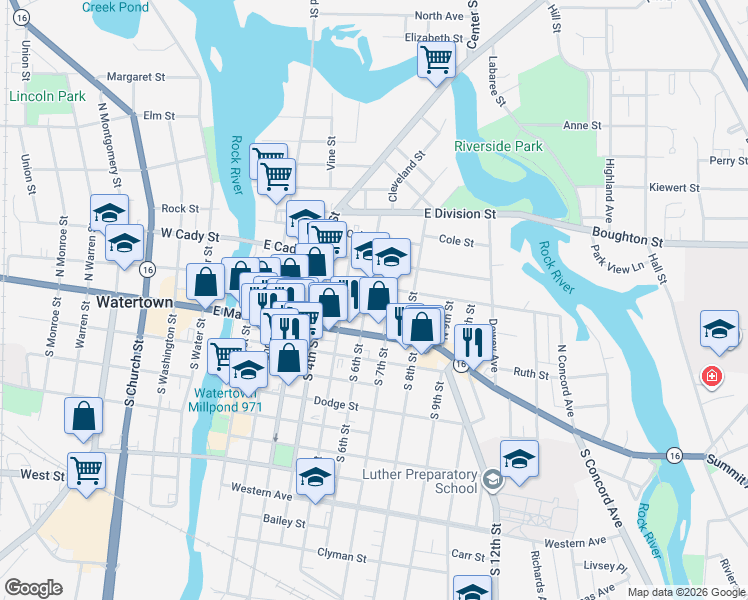 map of restaurants, bars, coffee shops, grocery stores, and more near 516 Jones Street in Watertown