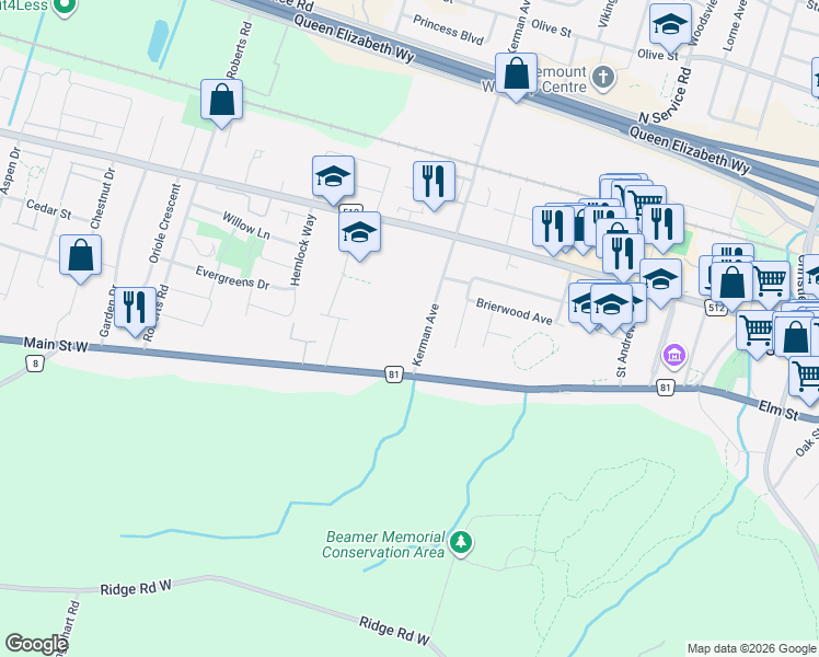 map of restaurants, bars, coffee shops, grocery stores, and more near 21 Kerman Avenue in Grimsby