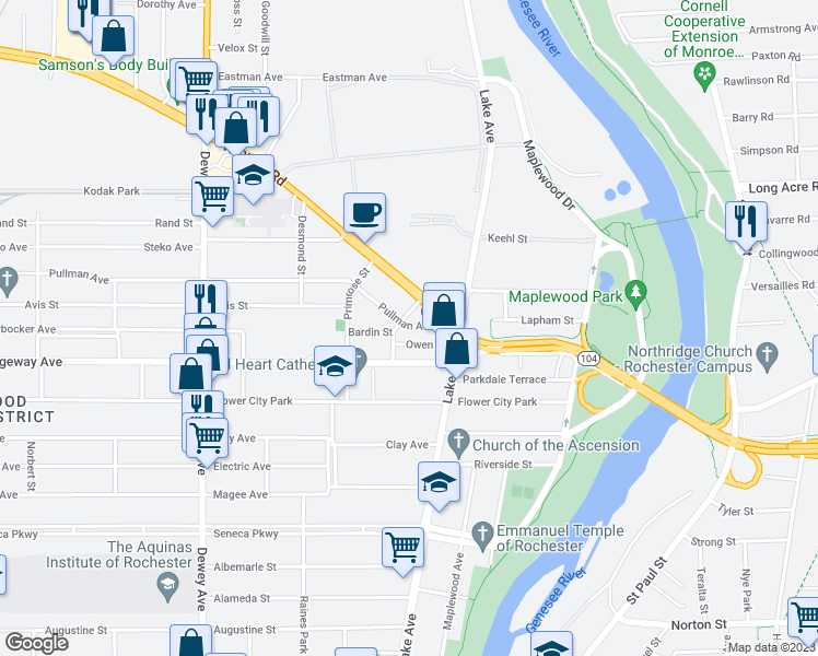 map of restaurants, bars, coffee shops, grocery stores, and more near 37 Pullman Avenue in Rochester