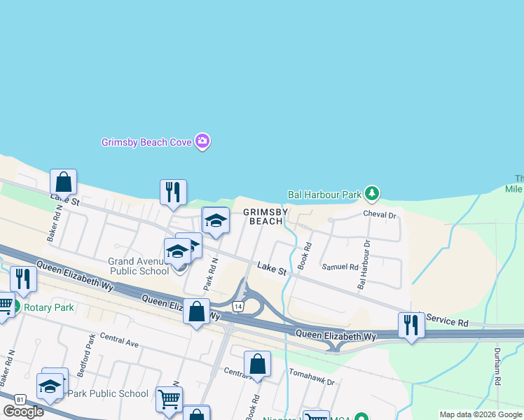 map of restaurants, bars, coffee shops, grocery stores, and more near 10 Tupper Boulevard in Grimsby