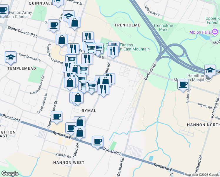 map of restaurants, bars, coffee shops, grocery stores, and more near 190 Hempstead Drive in Hamilton