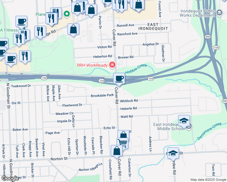 map of restaurants, bars, coffee shops, grocery stores, and more near 2601 Culver Road in Rochester