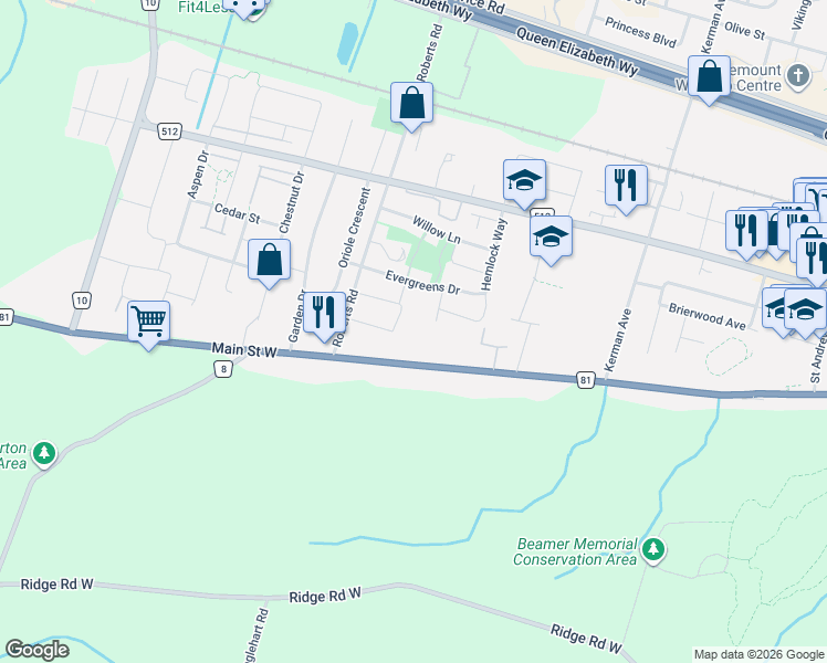 map of restaurants, bars, coffee shops, grocery stores, and more near 37 Hickory Crescent in Grimsby