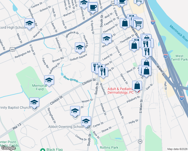 map of restaurants, bars, coffee shops, grocery stores, and more near 72 South Street in Concord