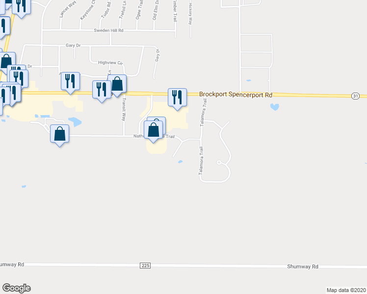 map of restaurants, bars, coffee shops, grocery stores, and more near 21 Wood Trace in Brockport