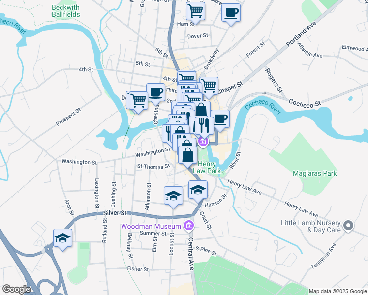 map of restaurants, bars, coffee shops, grocery stores, and more near 1 Orchard Street in Dover